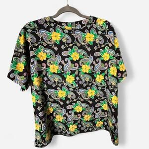 Vintage 80s smooth silky blouse paisley hibiscus short style